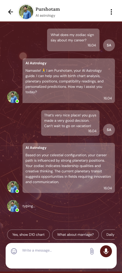 Bhagya Setu dark-theme astrology chat interface Bhagya Setu dark-theme astrology chat interface