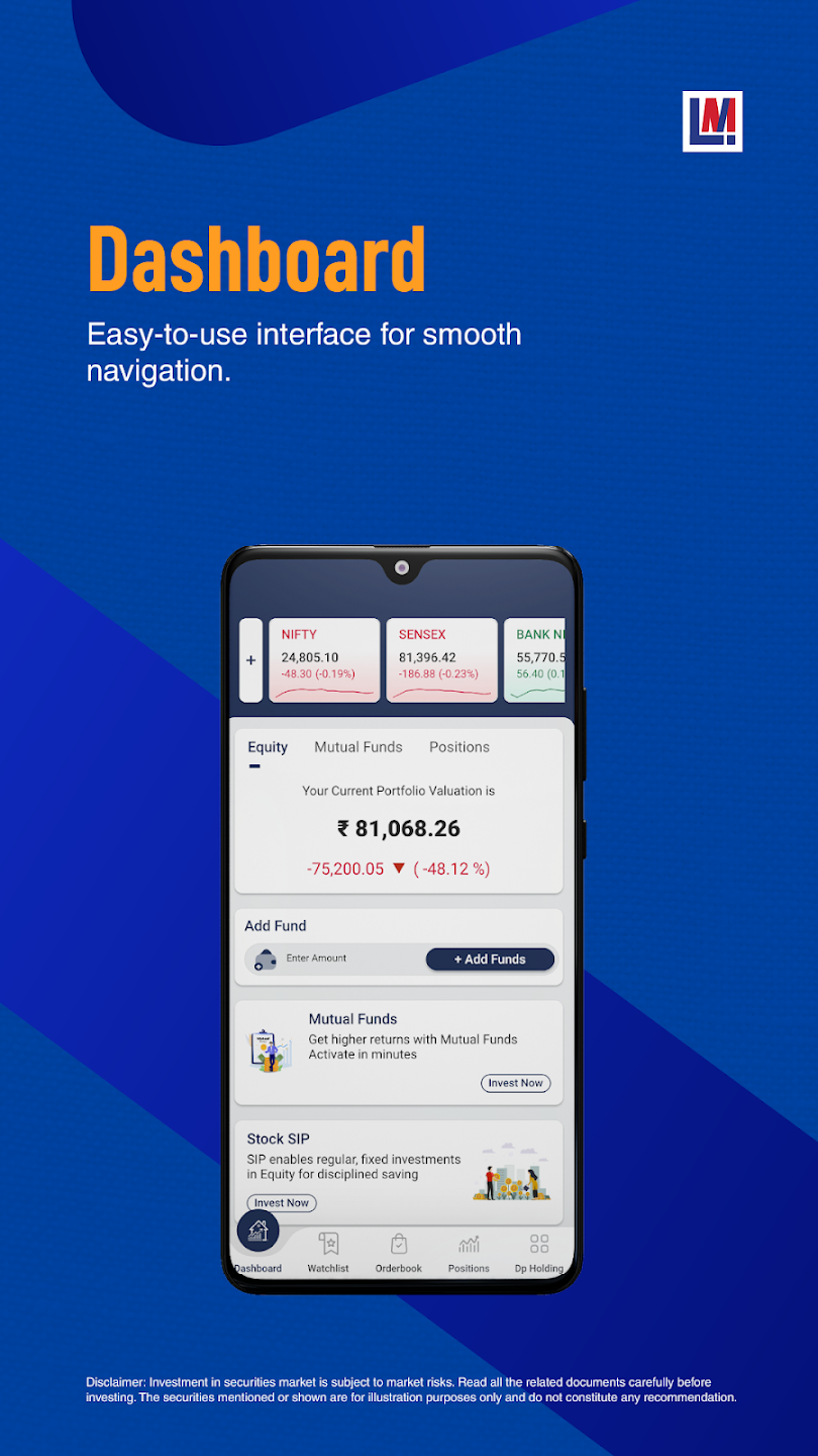 Latin Manharlal InvestMart mobile app dashboard screen Latin Manharlal InvestMart mobile app dashboard screen