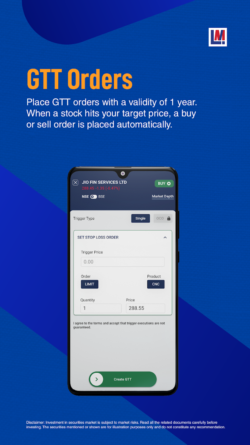 Latin Manharlal InvestMart mobile app gtt orders screen Latin Manharlal InvestMart mobile app gtt orders screen