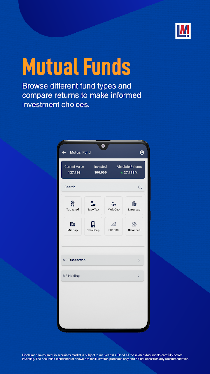Latin Manharlal InvestMart mobile app mutual funds screen Latin Manharlal InvestMart mobile app mutual funds screen