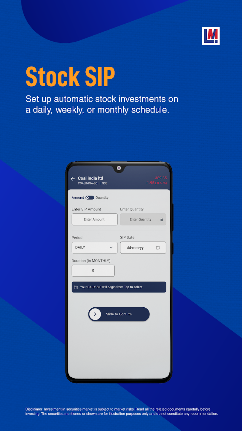 Latin Manharlal InvestMart mobile app stock sip screen Latin Manharlal InvestMart mobile app stock sip screen
