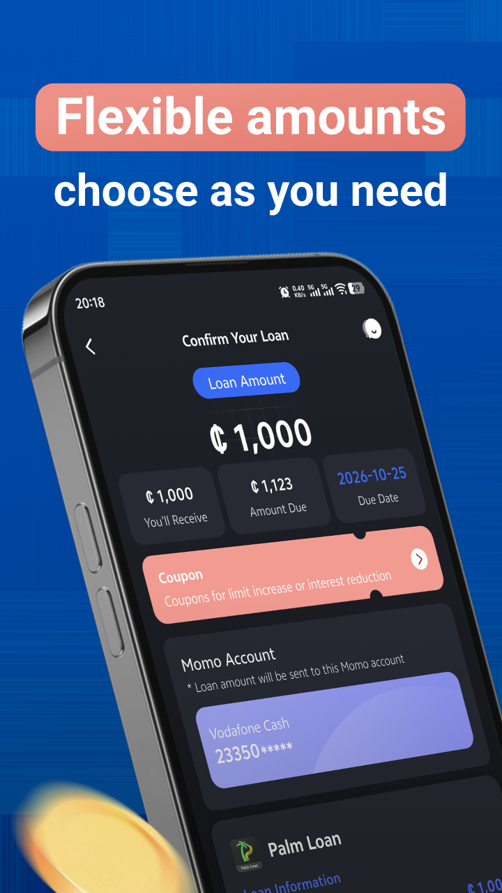 Palm Loan mobile app loan amount and confirmation interface Palm Loan mobile app loan amount and confirmation interface