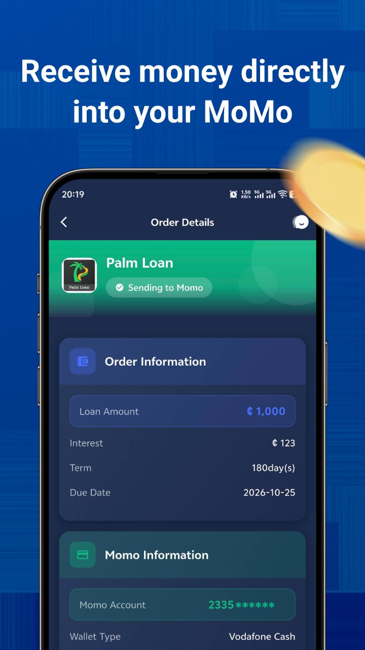 Palm Loan mobile app order details and MoMo wallet information Palm Loan mobile app order details and MoMo wallet information