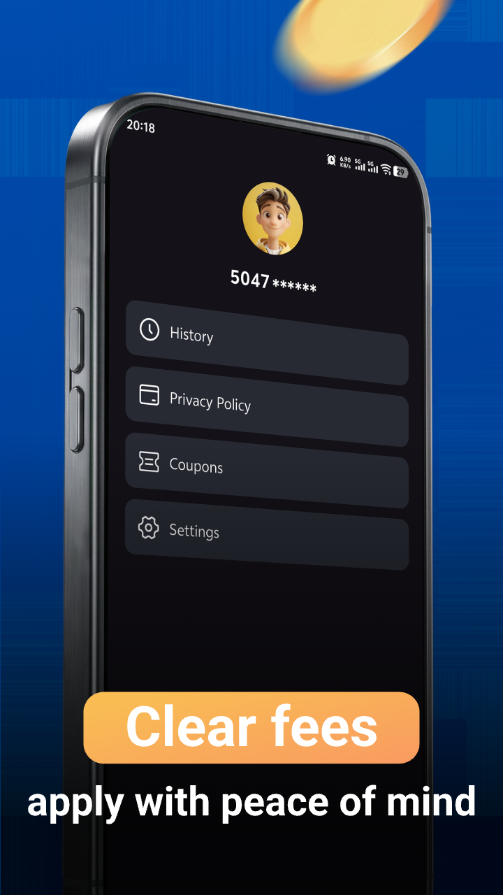 Palm Loan mobile account menu with history and settings Palm Loan mobile account menu with history and settings