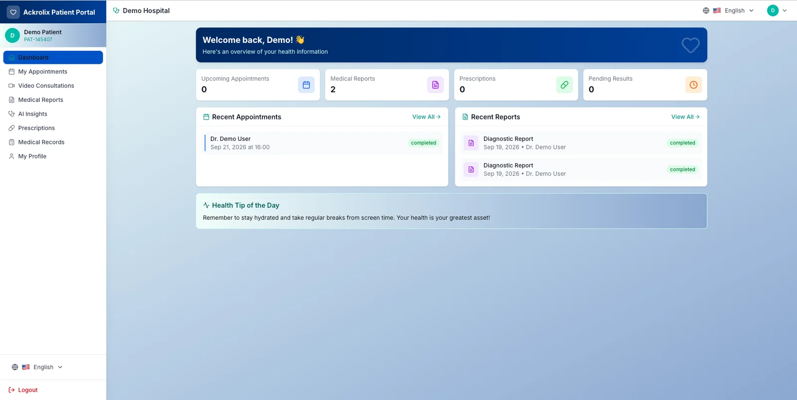 Hospital Management System — Patient Portal Dashboard Ackrolix patient portal dashboard with appointments and medical reports