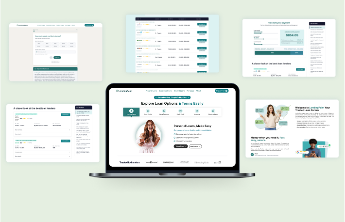 LendingPalm fintech website overview with calculator and loan comparison screens LendingPalm fintech website overview with calculator and loan comparison screens